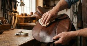 Entretien d'une selle en cuir marron avec baume et chiffon dans un atelier de sellerie