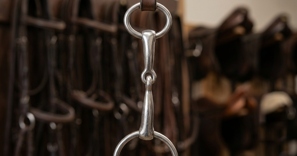 Gros plan sur un mors de cheval en acier inoxydable suspendu dans une sellerie