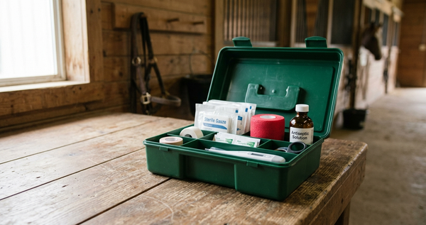 Trousse de premiers secours ouverte pour cheval, avec compresses et antiseptique
