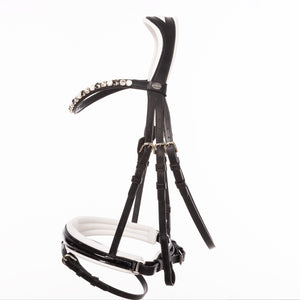 Filet de dressage Zora muserolle suédoise en cuir allemand — Noir verni/blanc
