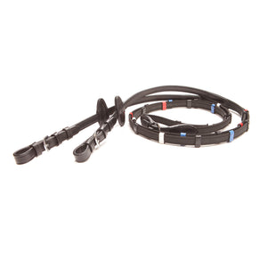 Rênes caoutchoutées Training à arrêtoirs de couleur, 16 mm, noir/bleu-rouge