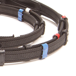 Rênes caoutchoutées Training à arrêtoirs de couleur, 16 mm, noir/bleu-rouge