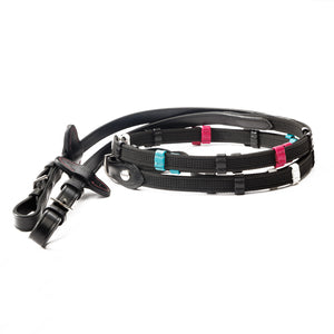 Rênes caoutchoutées Training à arrêtoirs de couleur, 16 mm, noir/rose-turquoise