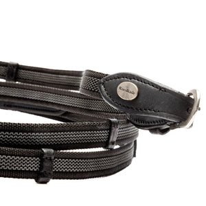 Rênes caoutchoutées en cuir huilé, 16 mm, 5 arrêtoirs, noir/argenté