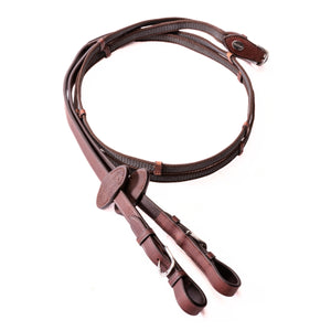 Rênes caoutchoutées en cuir huilé, 16 mm, 5 arrêtoirs, marron/argenté