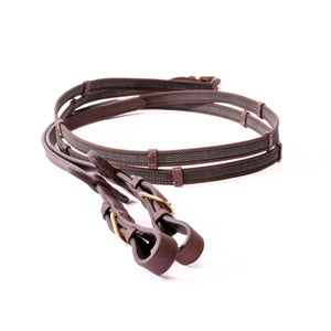 Rênes caoutchoutées en cuir huilé, 16 mm, 5 arrêtoirs, marron/laiton