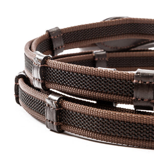 Rênes caoutchoutées à doubles arrêtoirs, 16 mm, 10 arrêtoirs, marron