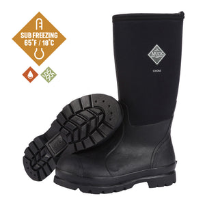 Paire de bottes Muck Boot Chore High noires, vue de trois quarts avec semelle de travail