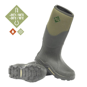 Paire de bottes Muck Boot Muckmaster High vertes, vue de trois quarts avec semelle crantee