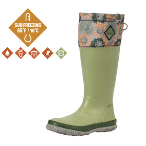 Botte Muck Boot Forager Tall verte portee en hauteur maximale, col a motif floral
