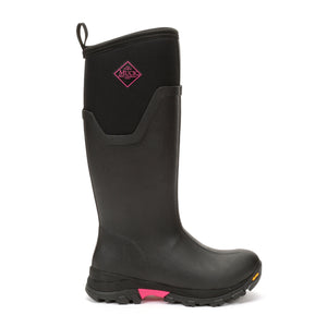 Botte Muck Boot Arctic ICE Tall noire a details roses, profil droit