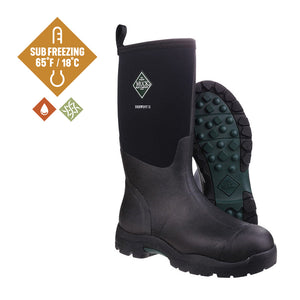 Paire de bottes Muck Boot Derwent II noires, vue de trois quarts avec semelle a profil marque