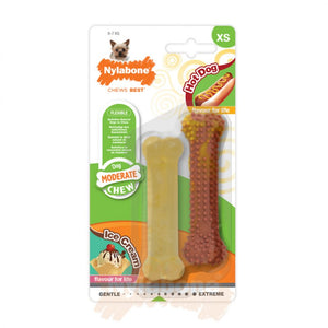 Pack de deux jouets à mâcher Nylabone saveurs hot-dog et vanille pour petit chien