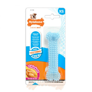 Os dentaire à mâcher en nylon souple Nylabone saveur poulet pour chiot, coloris rose et bleu