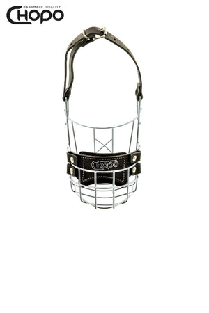 Muselière métal CHOPO sangles cuir, Schnauzer moyen femelle, Zinc