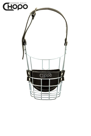 Muselière métal CHOPO sangles cuir, Rottweiler femelle, Zinc