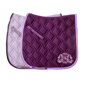 Tapis de selle Unicorn Academy violet a passepoil rose-lilas, coupe dressage