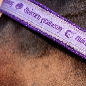 Passepoil pailliete et lettrage Unicorn Academy sur la muserolle