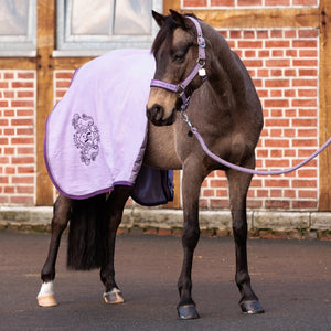 Couverture sechante polaire Unicorn Academy lilas portee par un cheval