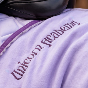 Lettrage Unicorn Academy brode sur la couverture sechante lilas
