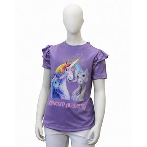 T-shirt enfant Unicorn Academy lilas a manches ailees, vue de face