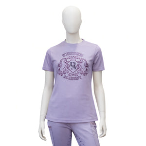 T-shirt enfant Unicorn Academy lilas a blason pailliete, vue de face