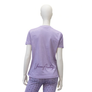 T-shirt enfant Unicorn Academy lilas, lettrage Unicorn Academy au dos