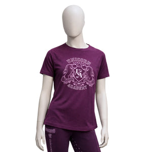 T-shirt enfant Unicorn Academy violet a blason pailliete, vue de face