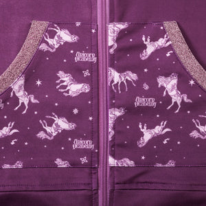 Poches imprimees licornes et passepoil pailliete du blouson violet