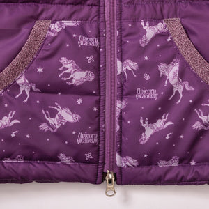 Poches imprimees licornes et passepoil pailliete du gilet violet