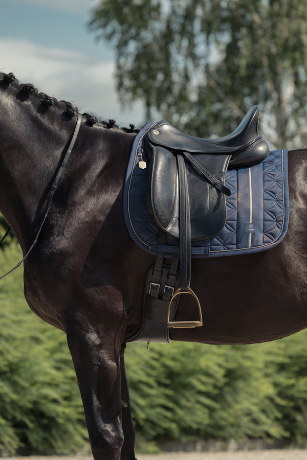 Cheval brun de profil, portant une selle noire et un tapis de selle bleu orné de motifs géométriques. L'arrière-plan est flou, avec des arbres verts et un ciel dégagé visibles.