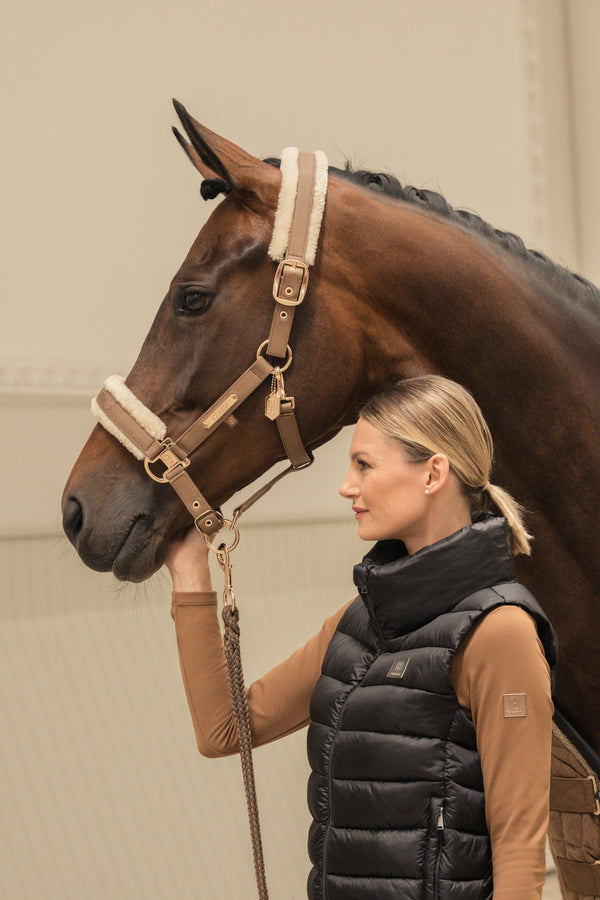 "Une femme debout de profil tenant la tête d'un cheval brun avec un licol en tissu doux. La femme porte une veste sans manches matelassée noire et un sous-pull marron clair. Ils sont dans un environnement intérieur aux tons neutres."