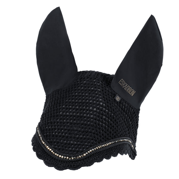 Balise alt : "Bonnet d'oreilles noir pour cheval de la marque Eskadron avec tissu en crochet et oreillères en tissu lisse."