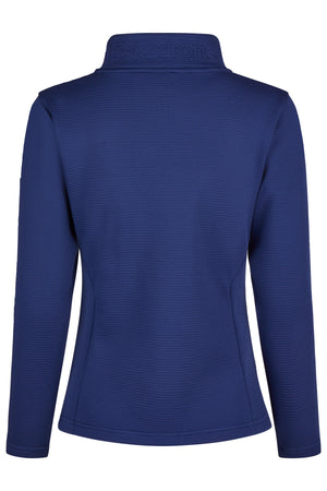 "Veste à manches longues en tissu bleu avec un motif côtelé, vue de dos. Le col montant présente l'inscription 'Eskadron' brodée."