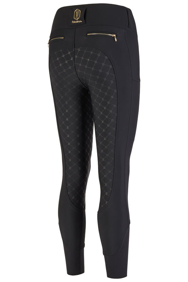 Pantalon de sport ajusté vu de dos, de couleur noire, avec des motifs texturés sur la partie arrière des jambes et des détails en or, notamment deux poches zippées et un logo situé à l'arrière de la taille.