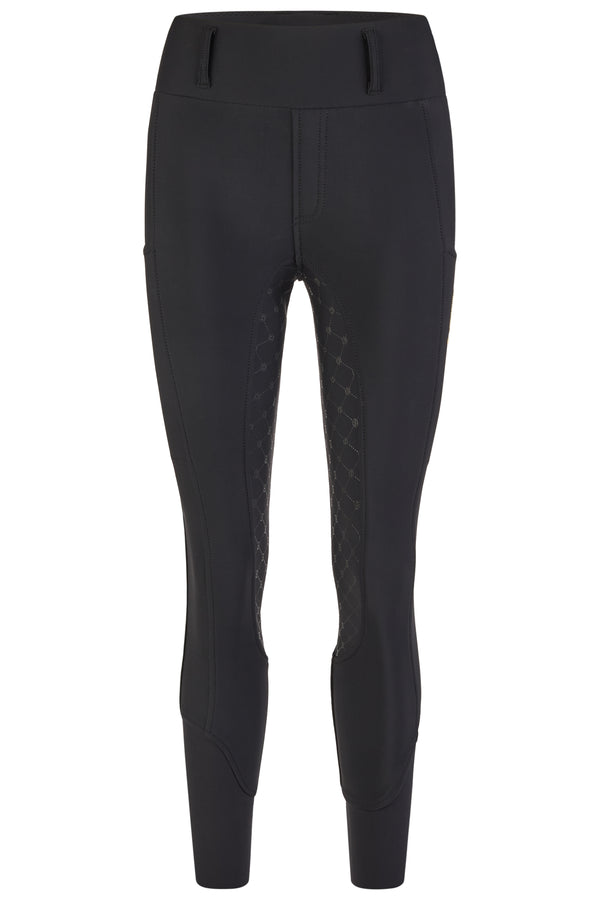 Pantalon d'équitation noir pour femme, avec renfort au niveau intérieur des jambes et coutures visibles. Le tissu semble extensible, ajusté et mat, avec des détails de motifs en losange sur la partie intérieure pour améliorer l'adhérence.