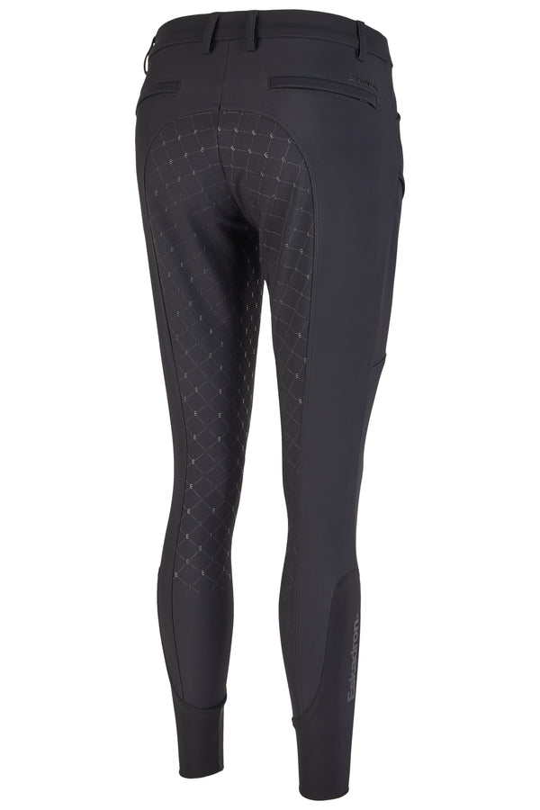 Pantalon de compétition d'équitation noir vu de dos avec des motifs antidérapants en forme de losanges sur l'assise et les jambes. Le tissu semble texturé pour améliorer l'adhérence, et la marque "Eskadron" est visible en bas d'une des jambes.