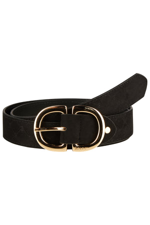 Ceinture noire avec une grande boucle dorée à double anneau. Le cuir de la ceinture présente un motif discret en relief.