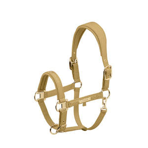 L'image montre un licol pour cheval, un équipement utilisé pour contrôler et guider un cheval. Voici une description détaillée : 1. **Matériau et Couleur** : Le licol est principalement fabriqué en cuir, de couleur beige ou sable clair. Ce matériau donne un aspect élégant et robuste. 2. **Structure** : - **Tête de Licol** : La partie supérieure du licol, appelée tête de licol, est bien rembourrée pour le confort du cheval. Elle est ajustée avec des boucles en métal doré, ce qui ajoute...