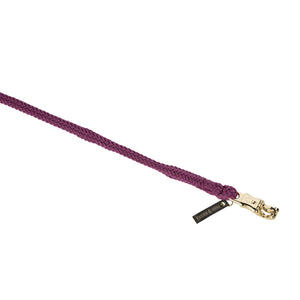 L'image présente une laisse pour chien de couleur pourpre. La laisse est tressée, offrant une texture légèrement texturée qui suggère une fabrication robuste et durable. À l'extrémité droite de la laisse, il y a un mousqueton en métal doré. Ce mousqueton est conçu avec une boucle de sécurité pour assurer une fixation sûre à un collier de chien. Juste au-dessus du mousqueton, une petite étiquette noire est attachée. L'étiquette semble contenir des informations sur la marque et le produit,...