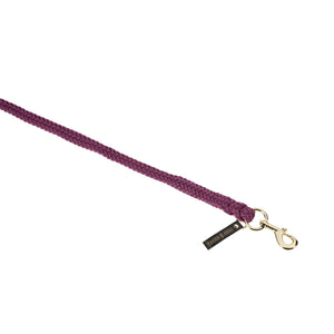 L'image montre une laisse pour chien de couleur bordeaux. La laisse est tressée, ce qui lui donne un aspect robuste et durable. À une extrémité de la laisse, il y a un mousqueton doré solide, utilisé pour attacher la laisse à un collier de chien. Près du mousqueton, une petite étiquette noire est attachée à la laisse, avec le texte "SEVERIN & BIRK" en lettres blanches. L'ensemble de la laisse est présenté sur un fond blanc, ce qui met en valeur sa couleur et son design.