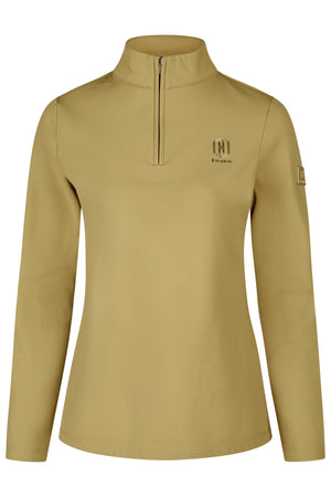 L'image montre un haut à manches longues de couleur beige avec un col montant et une fermeture éclair demi-zip au centre. Le tissu semble lisse et élastique, indiquant qu'il pourrait être utilisé pour des activités sportives ou de plein air. Sur la poitrine, légèrement à gauche, se trouve un logo distinctif. Le logo est composé de l'initiale "H" stylisée, entourée d'un motif géométrique et accompagnée du mot "Eskadron" en dessous. Le logo est également présent sur la manche droite, sous la...