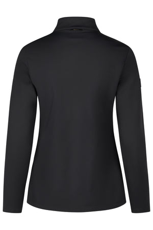 L'image montre une veste noire à manches longues avec un col montant. La veste a une coupe ajustée et semble être faite d'un tissu extensible, probablement adaptée pour une utilisation sportive ou comme vêtement de mi-saison. Les manches sont longues et ajustées, avec une couture visible sur l'extérieur des bras. Une bande blanche est présente sur chaque manche, ajoutant une touche de contraste au design globalement noir. Le col haut offre une protection supplémentaire contre le froid et le...