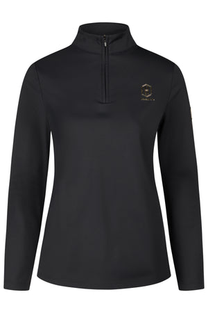 L'image montre un haut à manches longues noir, conçu pour les femmes. Le vêtement dispose d'une fermeture éclair quart-zip au niveau du col, permettant d'ouvrir ou de fermer partiellement le haut selon les préférences. Sur le côté gauche de la poitrine, il y a un emblème brodé avec des détails dorés. Cet emblème est une forme hexagonale stylisée avec les initiales "DS" inscrites à l'intérieur. Sous l'hexagone, le mot "DESALIS" est brodé en lettres capitales. Le haut possède des coutures...