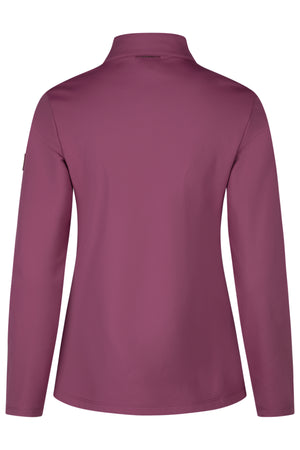 Cette image présente le dos d'une veste ou d'un pull, de couleur mauve. La coupe est ajustée, avec des manches longues qui se terminent par des poignets ajustés. La veste a un col montant qui garde le cou bien couvert. Le tissu semble être lisse et élastique, probablement conçu pour offrir confort et mobilité. Il n'y a pas de motifs visibles ni de détails supplémentaires sur le dos, ce qui donne un look épuré et minimaliste. Les coutures sont bien alignées, contribuant à une finition soignée...