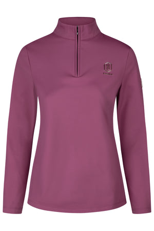 L'image montre un vêtement de sport féminin de couleur violet foncé. Il s'agit d'un haut à manches longues avec une fermeture à glissière partielle (demi-zip) au niveau du col, ce qui permet de l'ouvrir légèrement si nécessaire. Le tissu semble être extensible et adapté à des activités sportives. Sur la poitrine, à gauche, il y a un logo brodé et un emblème en forme de bouclier avec des motifs géométriques. Sous cet emblème, on peut lire "H.K.M." en petites lettres. Sur la manche gauche, il...