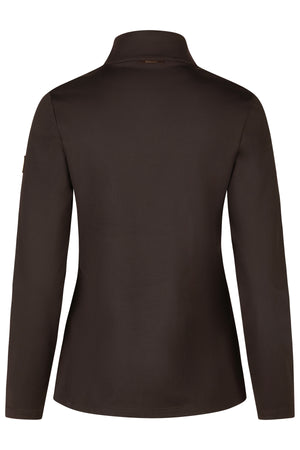 L'image montre un vêtement de type haut ou chemise à manches longues vu de dos. Voici une description détaillée : 1. **Couleur** : Le vêtement est de couleur marron foncé. 2. **Coupe** : Il s'agit d'une chemise à manches longues avec une coupe classique et ajustée. 3. **Col** : La chemise possède un col rond haut, ce qui lui donne un aspect élégant et formel. 4. **Manches** : Les manches sont longues et s'élargissent légèrement à partir du coude. 5. **Épaules** : Les épaules sont bien...