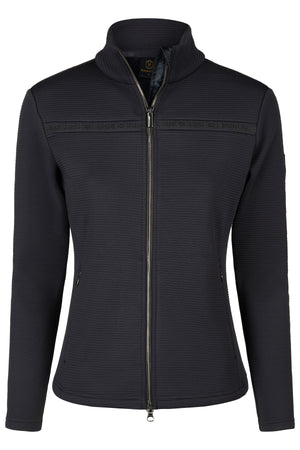 L'image montre une veste noire pour femme. Voici une description détaillée de la veste : 1. **Couleur** : La veste est intégralement noire. 2. **Design** : - La veste est de style sportif et moderne avec une coupe ajustée. - Elle possède une fermeture éclair centrale qui s'étend du bas de la veste jusqu'au col. - Le col est haut et semble être en tissu élastique pour un bon maintien et confort. 3. **Matériau** : - La matière de la veste semble être en tissu technique,...