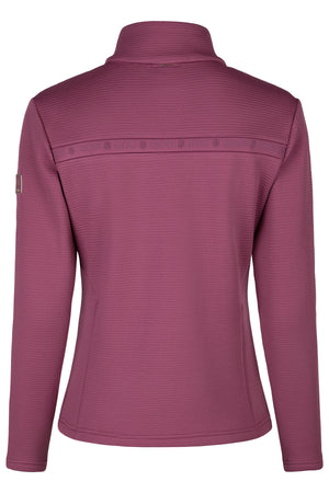 L'image montre une veste de sport féminine de couleur rose foncé, vue de dos. La veste a un design ajusté avec des manches longues et un col montant. Elle présente un motif texturé subtil qui ajoute une touche de sophistication à l'ensemble. Sur le haut du dos, une bande horizontale traverse la veste. Cette bande contient un texte en relief qui semble être une phrase ou un slogan, mais le texte est difficile à lire en entier sur l'image. Juste en dessous de cette bande, on peut voir un petit...