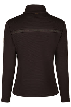 L'image montre le dos d'une veste ou d'un pull noir à manches longues. Voici une description détaillée : 1. **Couleur et Matériau** : La veste est entièrement noire et semble être fabriquée dans un tissu texturé, probablement un matériau synthétique ou une laine fine, offrant un aspect légèrement brillant. 2. **Coupe et Design** : - La veste a un col haut, qui monte jusqu'au cou, offrant une protection contre le froid. - Les manches sont longues et ajustées, se terminant par des...